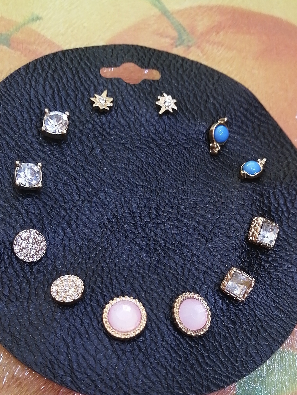 6 Gold-Plated Multi-Stud Earring Set with Pink, Blue and Clear Stones